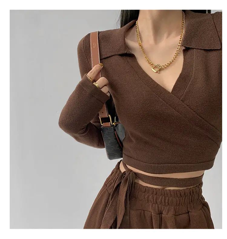 Women's White Collar Sweater with Cross Strap Bottom — feature 8
