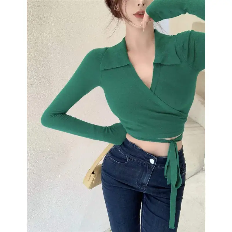 Women's White Collar Sweater with Cross Strap Bottom - Image 2