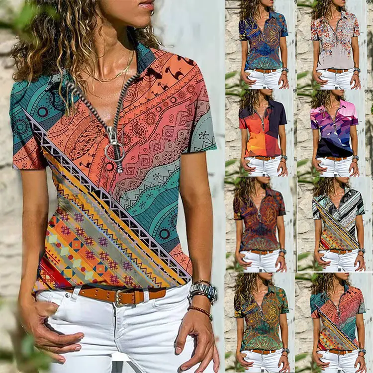 Women Zipper Top T-Shirt Ethnic Bohemian Hot Sale 2022 - Image 8