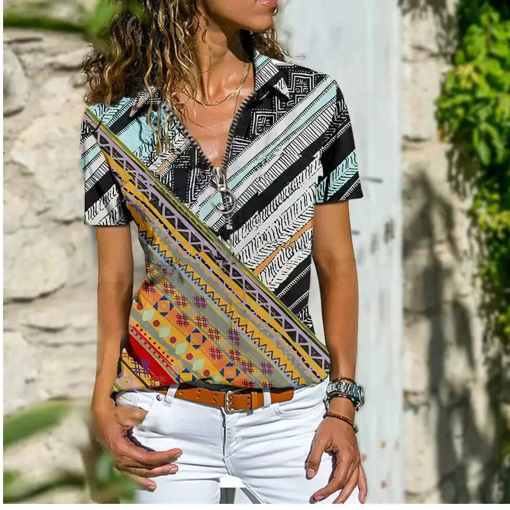 Women Zipper Top T-Shirt Ethnic Bohemian Hot Sale 2022 - Image 5