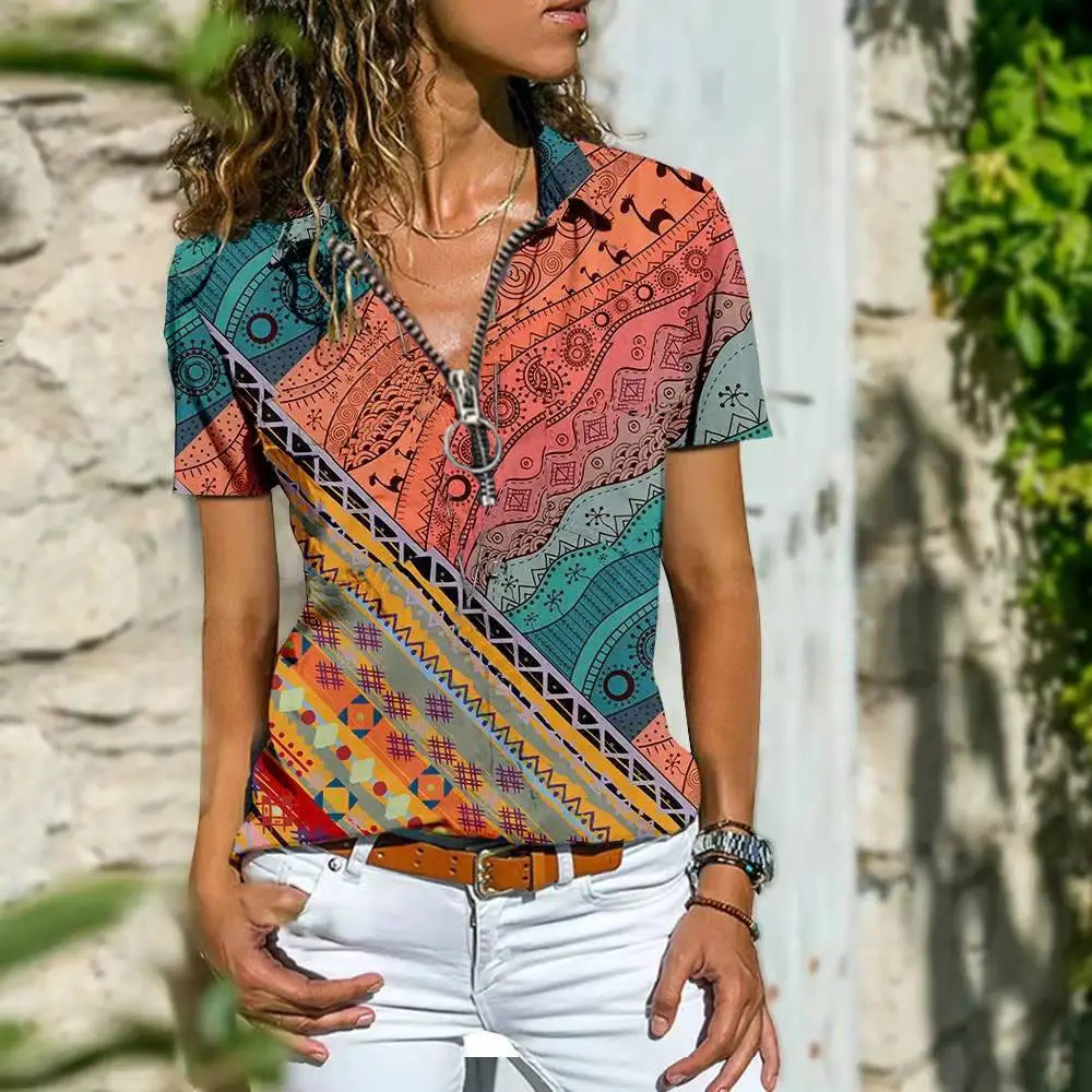 Women Zipper Top T-Shirt Ethnic Bohemian Hot Sale 2022 - Image 6