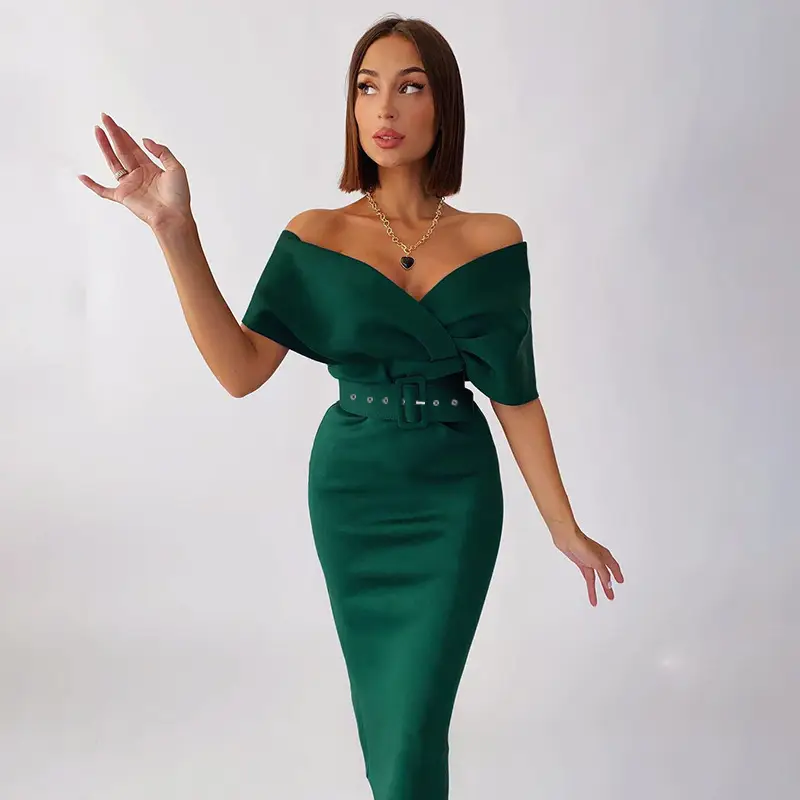 Blue High Waist Open Shoulder Dress with Waist Belt - Image 4
