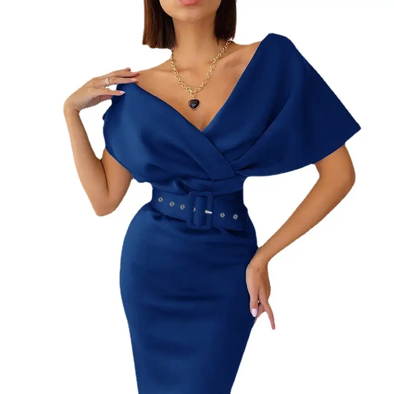 Blue High Waist Open Shoulder Dress with Waist Belt - Image 7