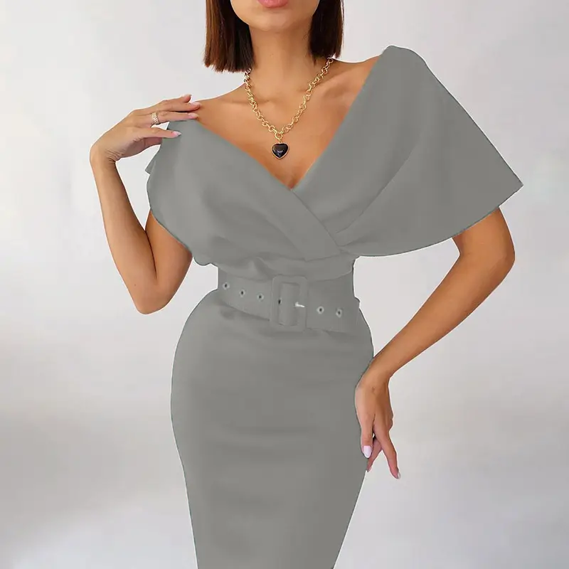 Off-Shoulder Beige High Waist Dress Belt Set - Image 5