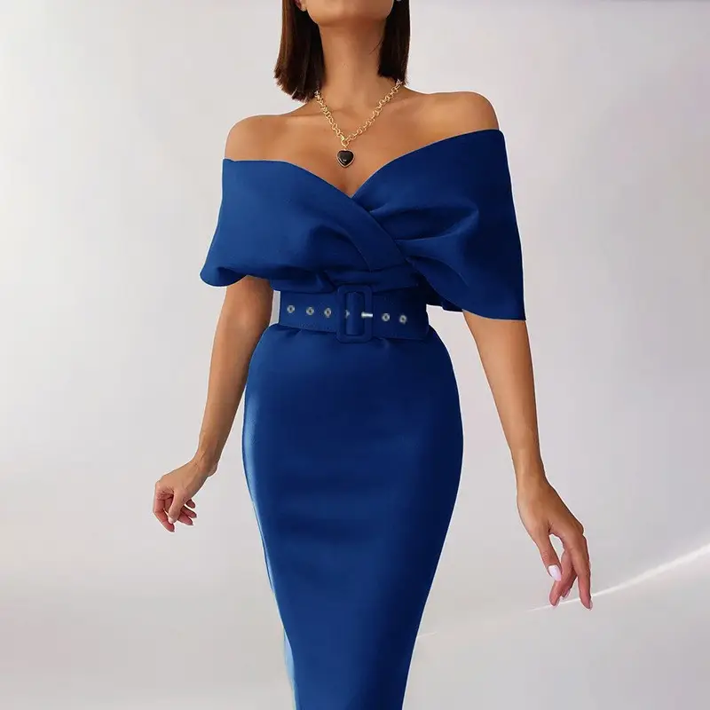 Off-Shoulder Beige High Waist Dress Belt Set - Image 2
