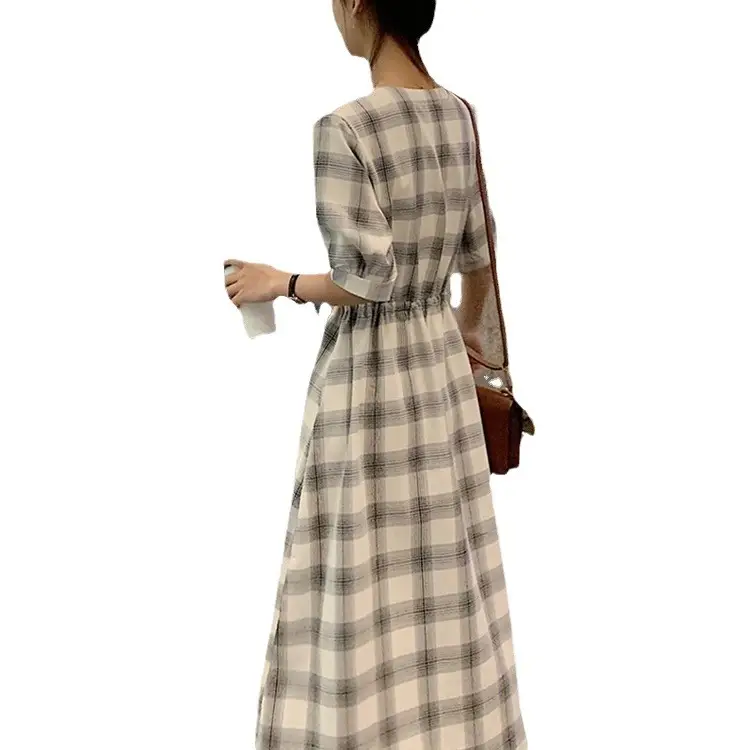 Women Plaid Long Fairy Summer Dress Waist Tight - Image 3