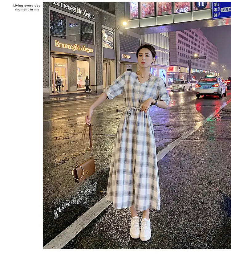 Women Plaid Long Fairy Summer Dress Waist Tight — feature 10