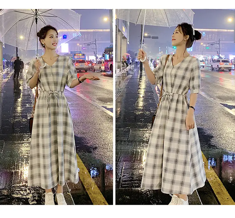 Women Plaid Long Fairy Summer Dress Waist Tight — feature 12