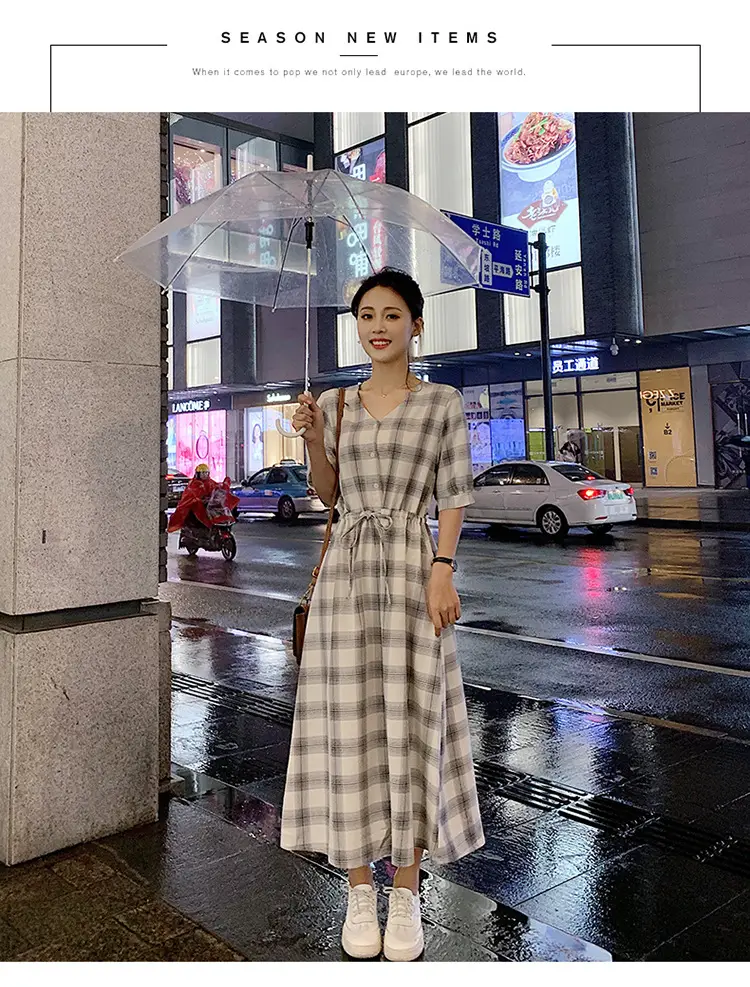 Women Plaid Long Fairy Summer Dress Waist Tight — feature 13