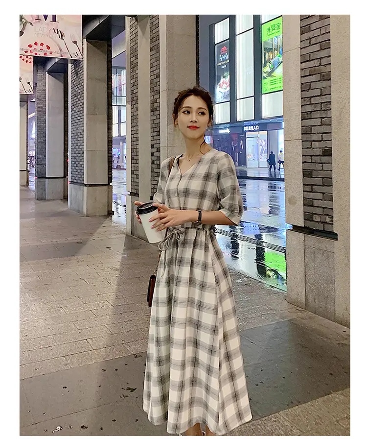 Women Plaid Long Fairy Summer Dress Waist Tight — feature 14