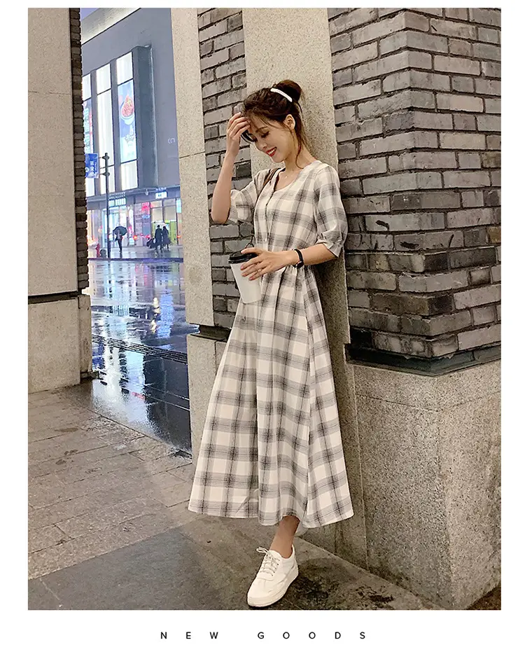 Women Plaid Long Fairy Summer Dress Waist Tight — feature 15