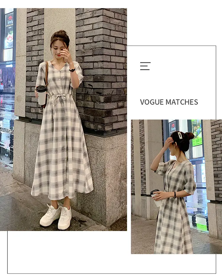 Women Plaid Long Fairy Summer Dress Waist Tight — feature 16