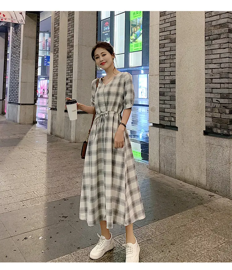 Women Plaid Long Fairy Summer Dress Waist Tight — feature 17
