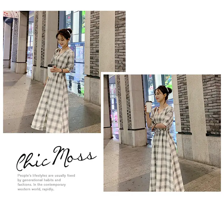 Women Plaid Long Fairy Summer Dress Waist Tight — feature 18