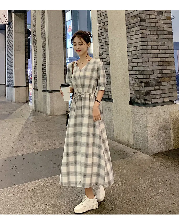 Women Plaid Long Fairy Summer Dress Waist Tight — feature 19