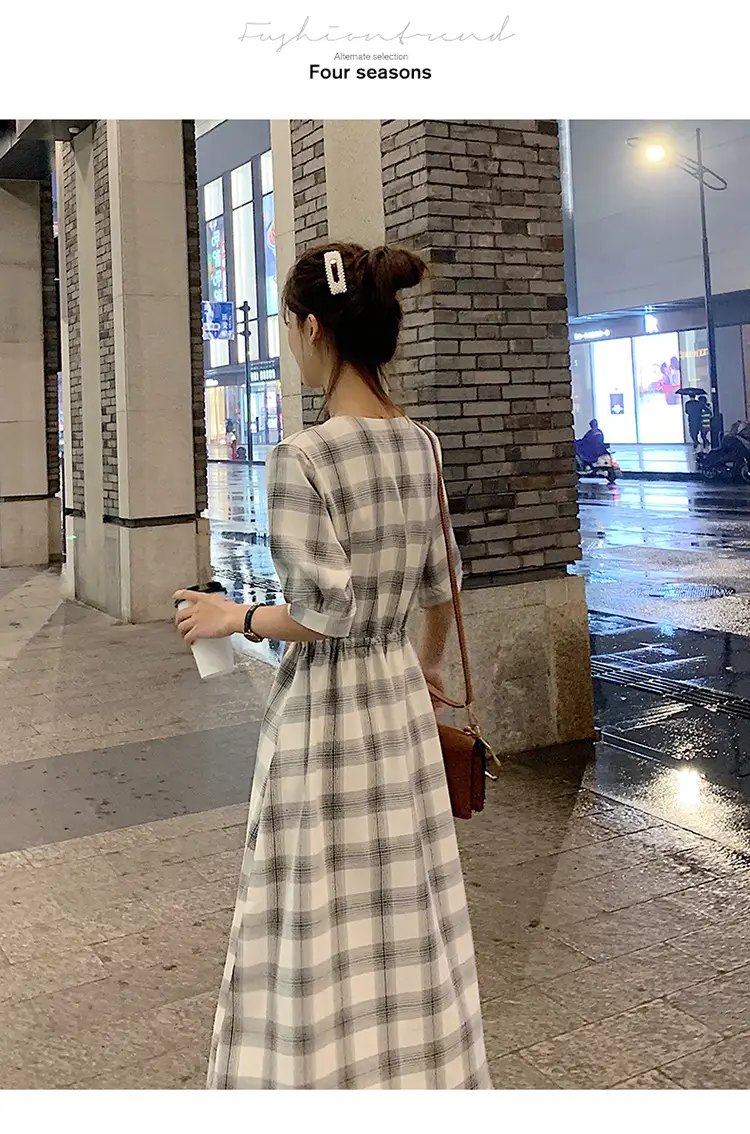 Women Plaid Long Fairy Summer Dress Waist Tight — feature 20
