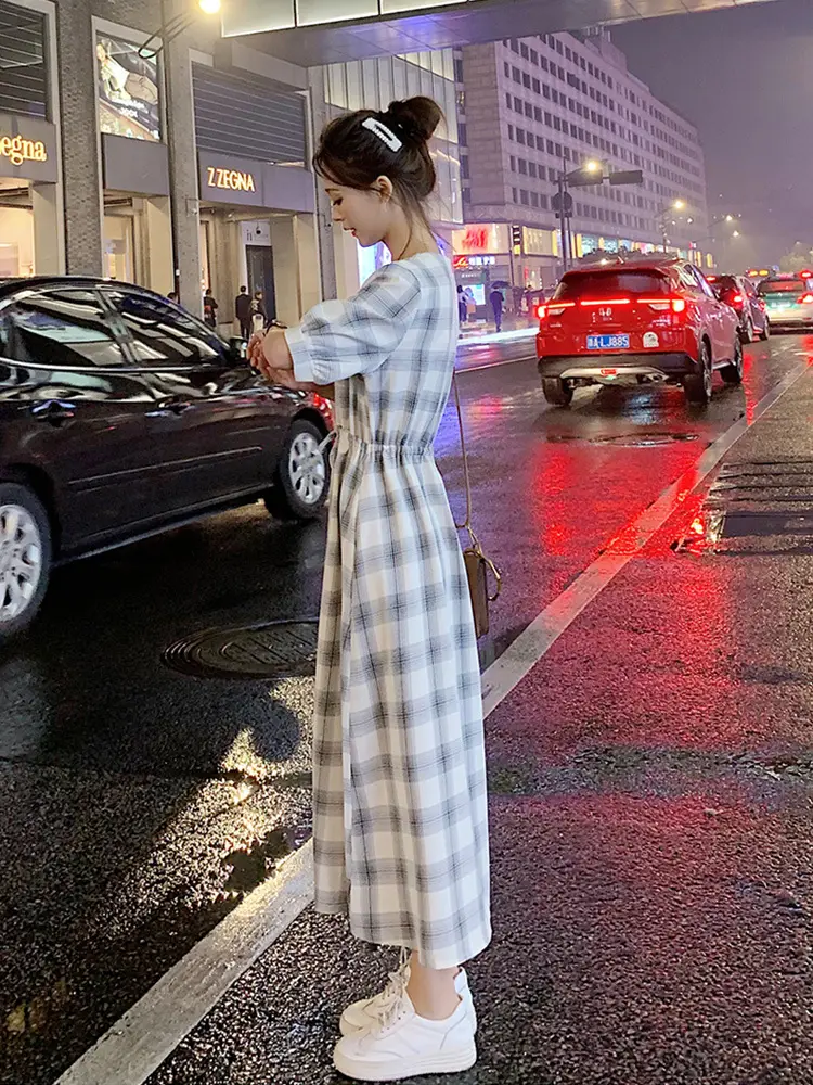 Women Plaid Long Fairy Summer Dress Waist Tight — feature 21