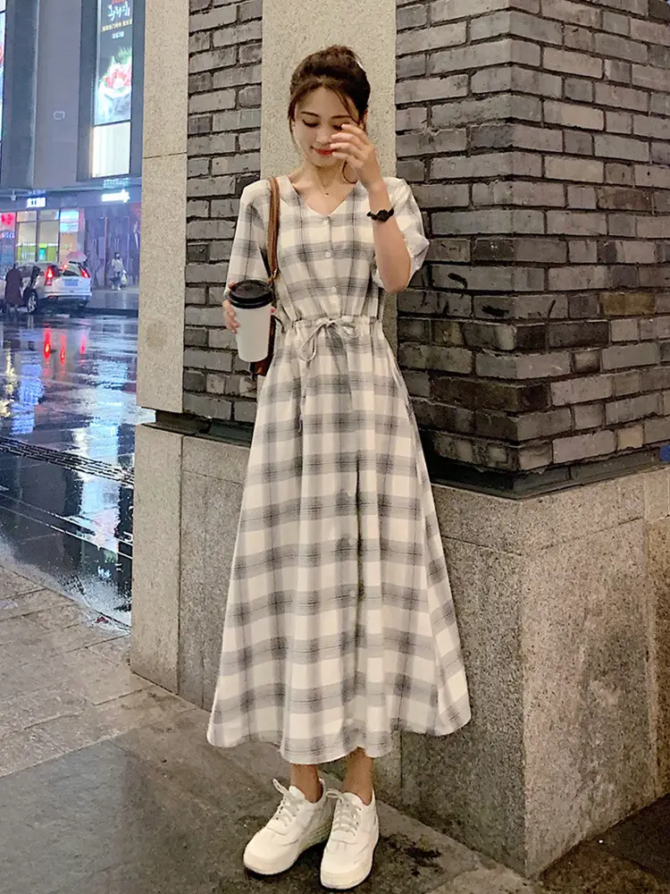 Women Plaid Long Fairy Summer Dress Waist Tight — feature 22