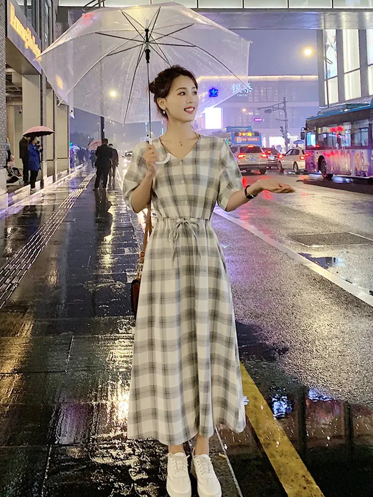 Women Plaid Long Fairy Summer Dress Waist Tight — feature 23