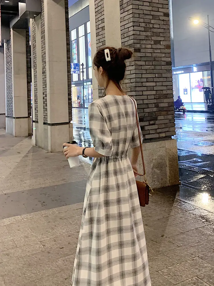 Women Plaid Long Fairy Summer Dress Waist Tight — feature 24