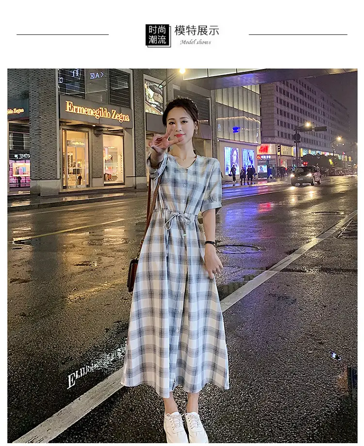 Women Plaid Long Fairy Summer Dress Waist Tight — feature 6