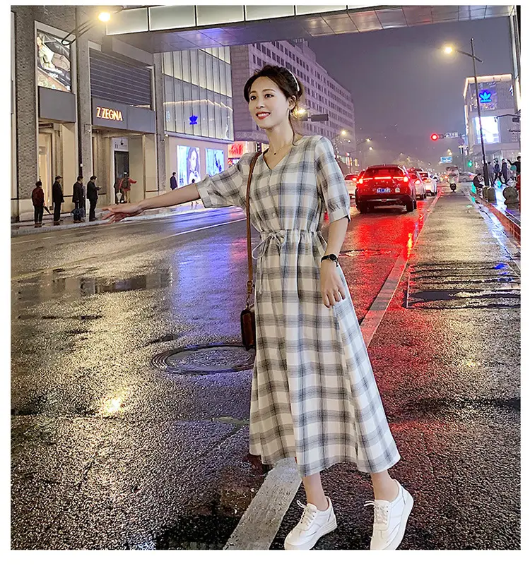 Women Plaid Long Fairy Summer Dress Waist Tight — feature 7