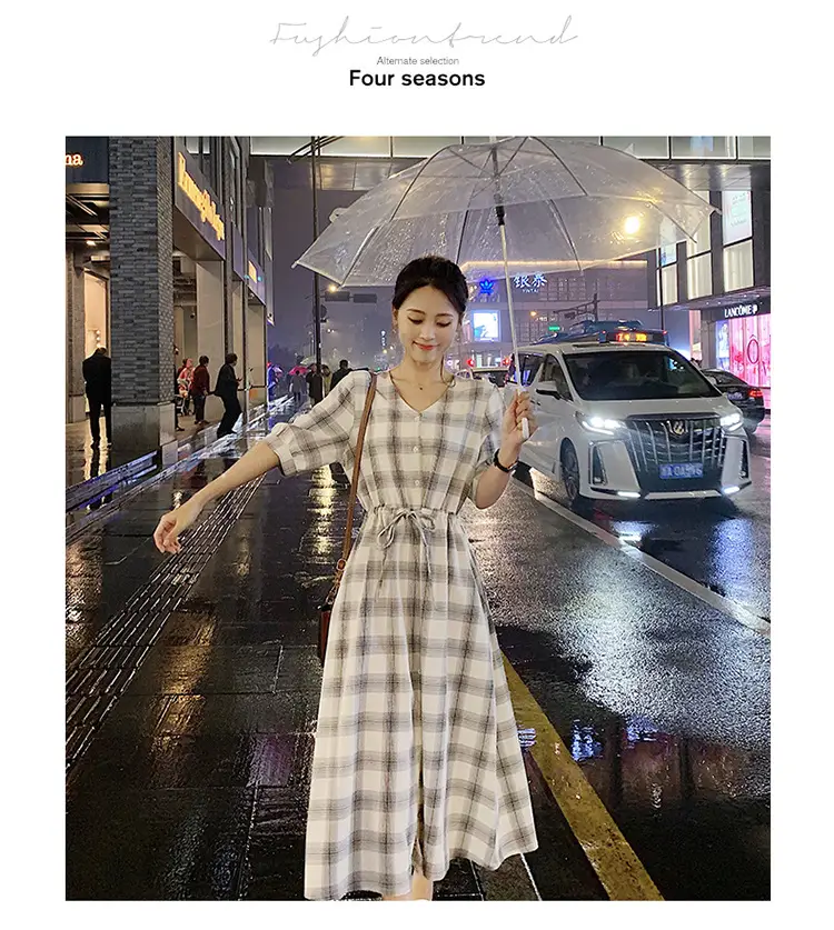 Women Plaid Long Fairy Summer Dress Waist Tight — feature 8
