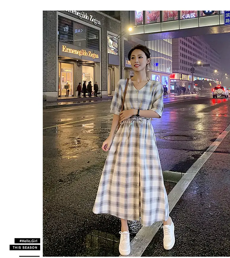 Women Plaid Long Fairy Summer Dress Waist Tight — feature 9