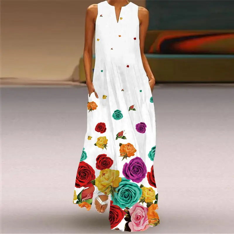 2026 Summer V-Neck Sleeveless Dress Multi-Color Print - Image 2