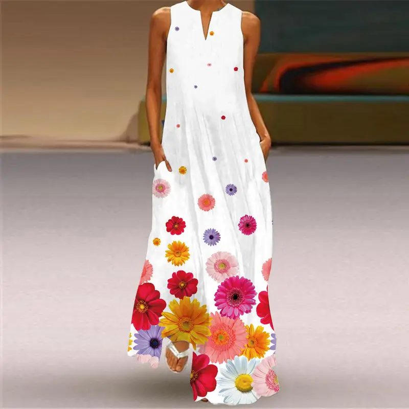 2026 Summer V-Neck Sleeveless Dress Multi-Color Print - Image 3