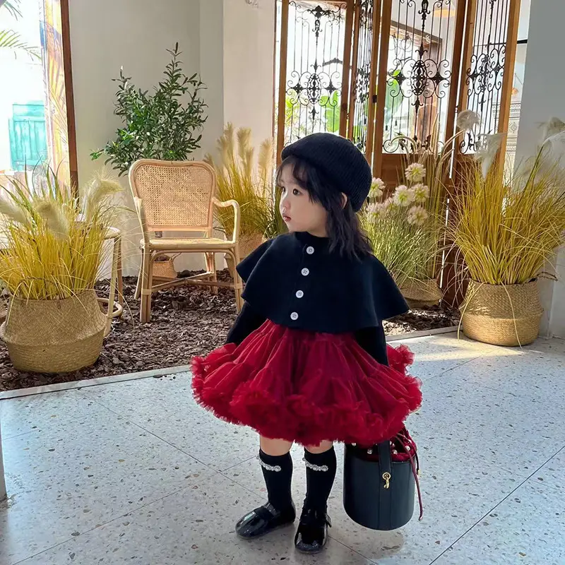 Girls' Green Knitted Tutu Dress with Red Hat — feature 7