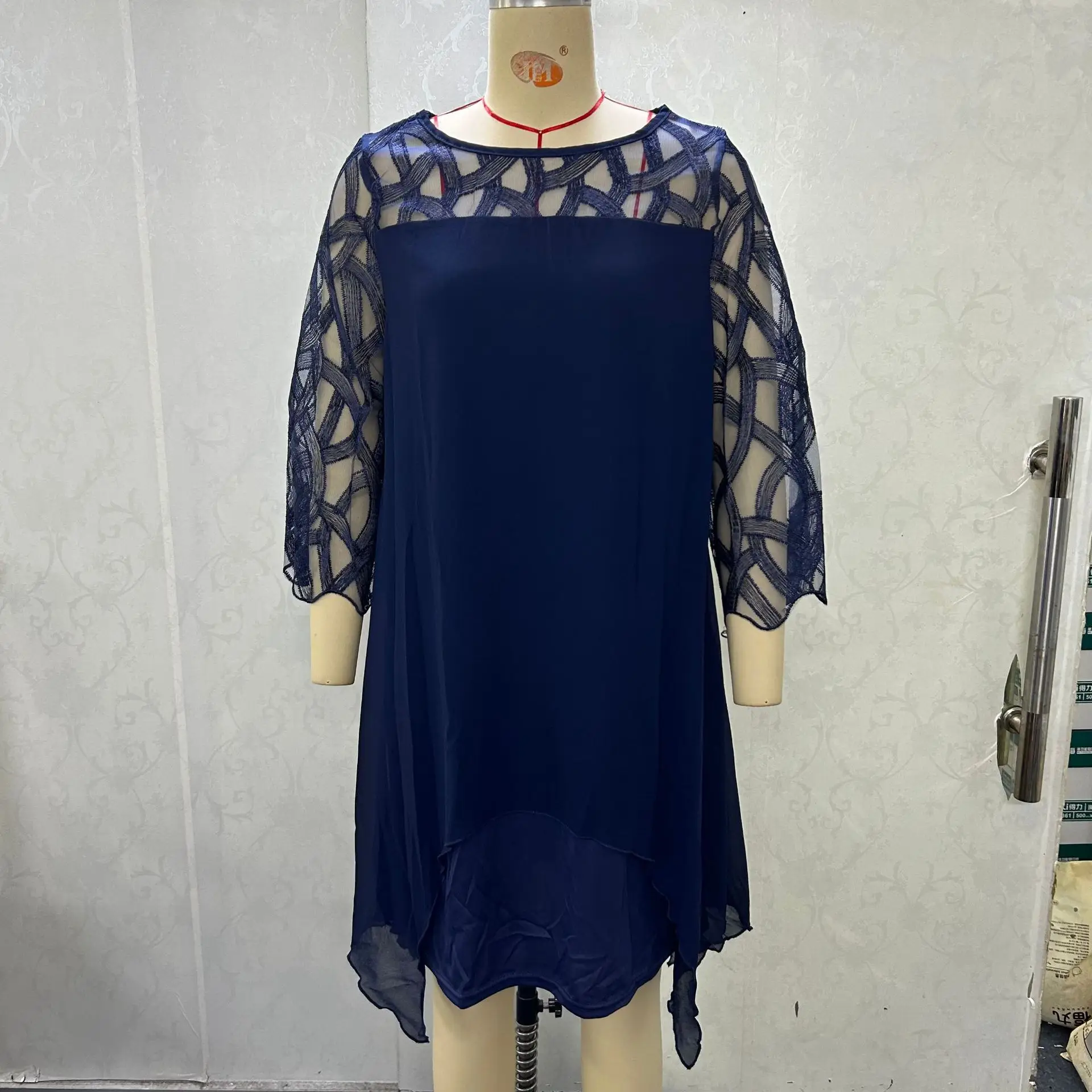 Navy Blue Chiffon 7-Piece Lace Dress with Seven-Point Sleeves - Image 10
