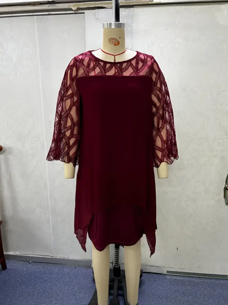 Navy Blue Chiffon 7-Piece Lace Dress with Seven-Point Sleeves - Image 4