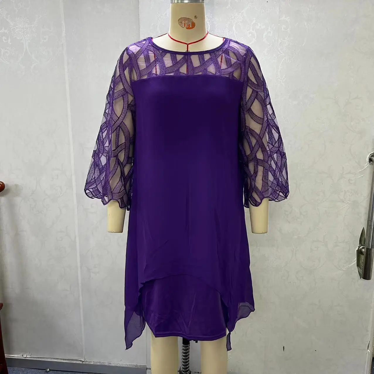 Navy Blue Chiffon 7-Piece Lace Dress with Seven-Point Sleeves - Image 5
