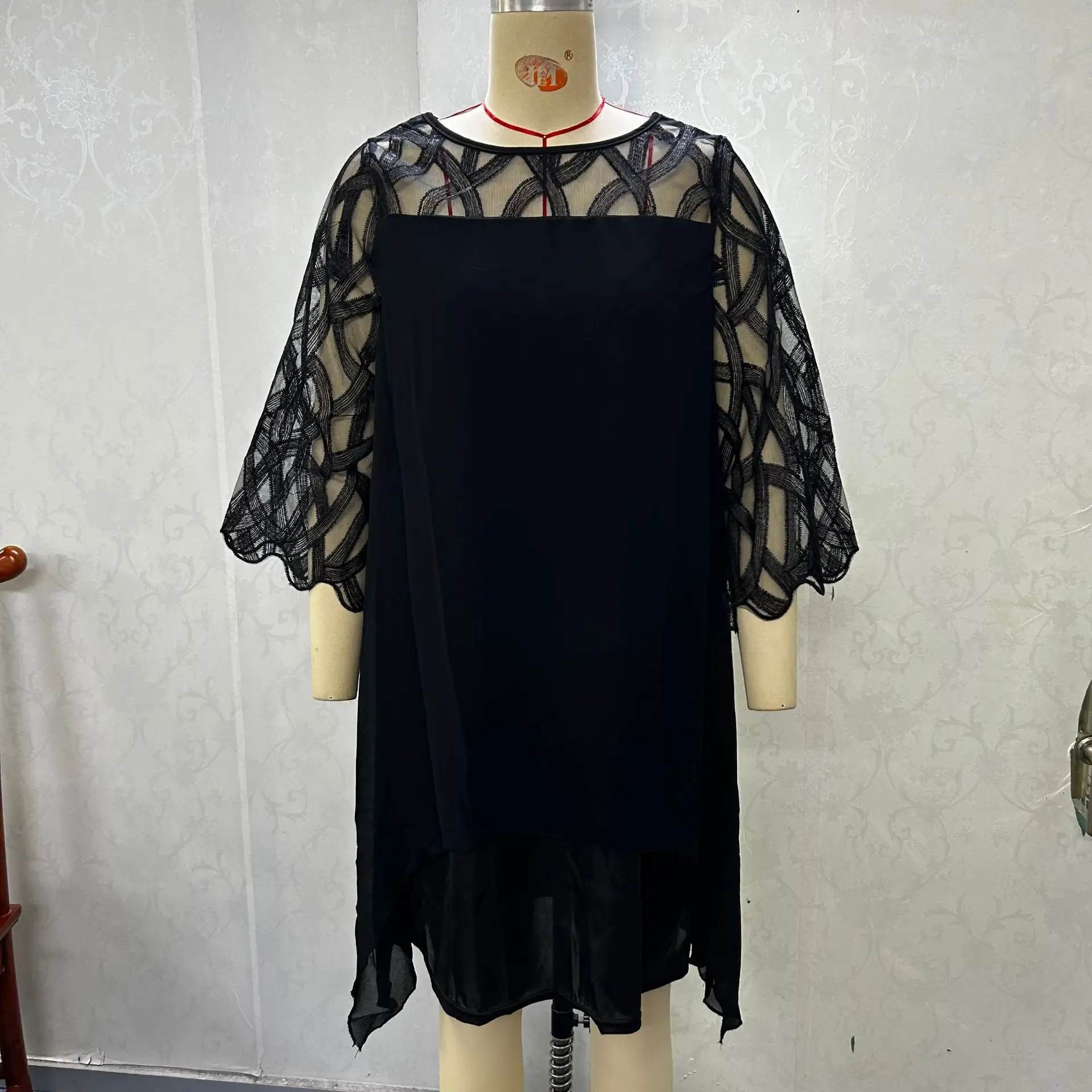 Navy Blue Chiffon 7-Piece Lace Dress with Seven-Point Sleeves - Image 7