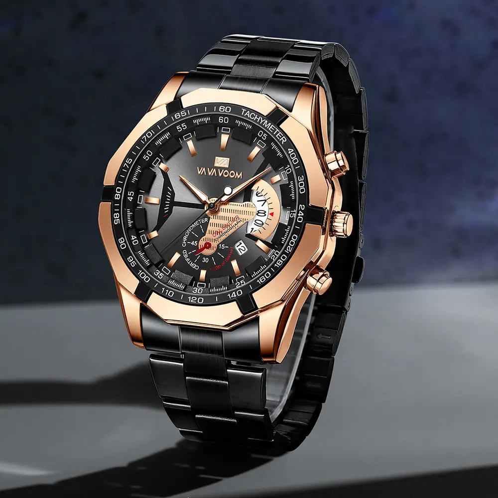 Vava Voom Black Rose Gold Chronograph Watch with Three-Eye Dial - Image 8