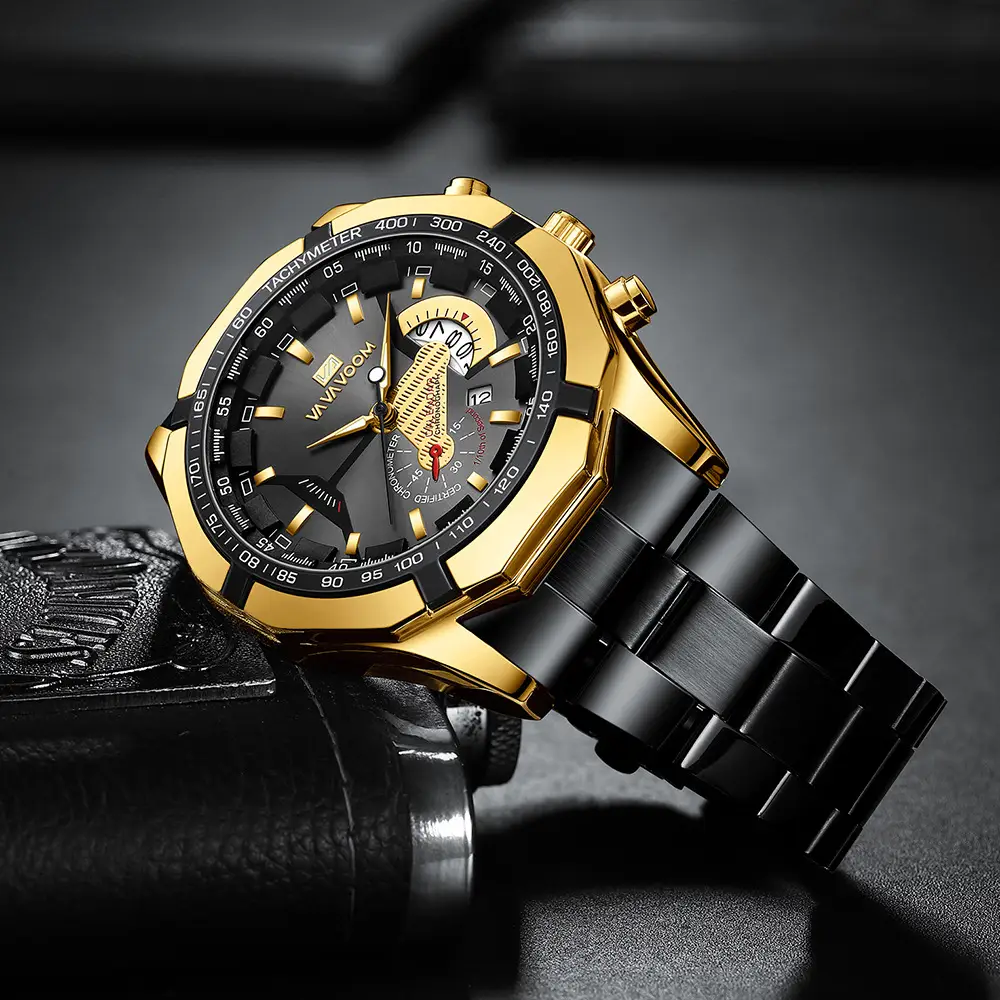 Vava Voom Black Rose Gold Chronograph Watch with Three-Eye Dial - Image 9