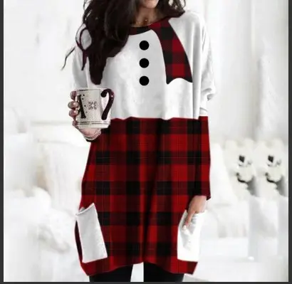 2022 Christmas Plaid Round Neck Long Sleeve Dress for Women - Image 2