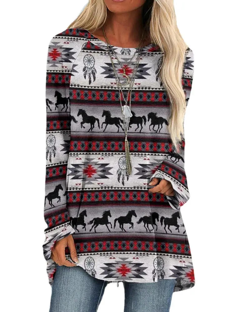 2022 Foreign Trade Cross-border Women's Fashion Loose Round Neck Digital Printing Western Style Long Sleeve Top 6932