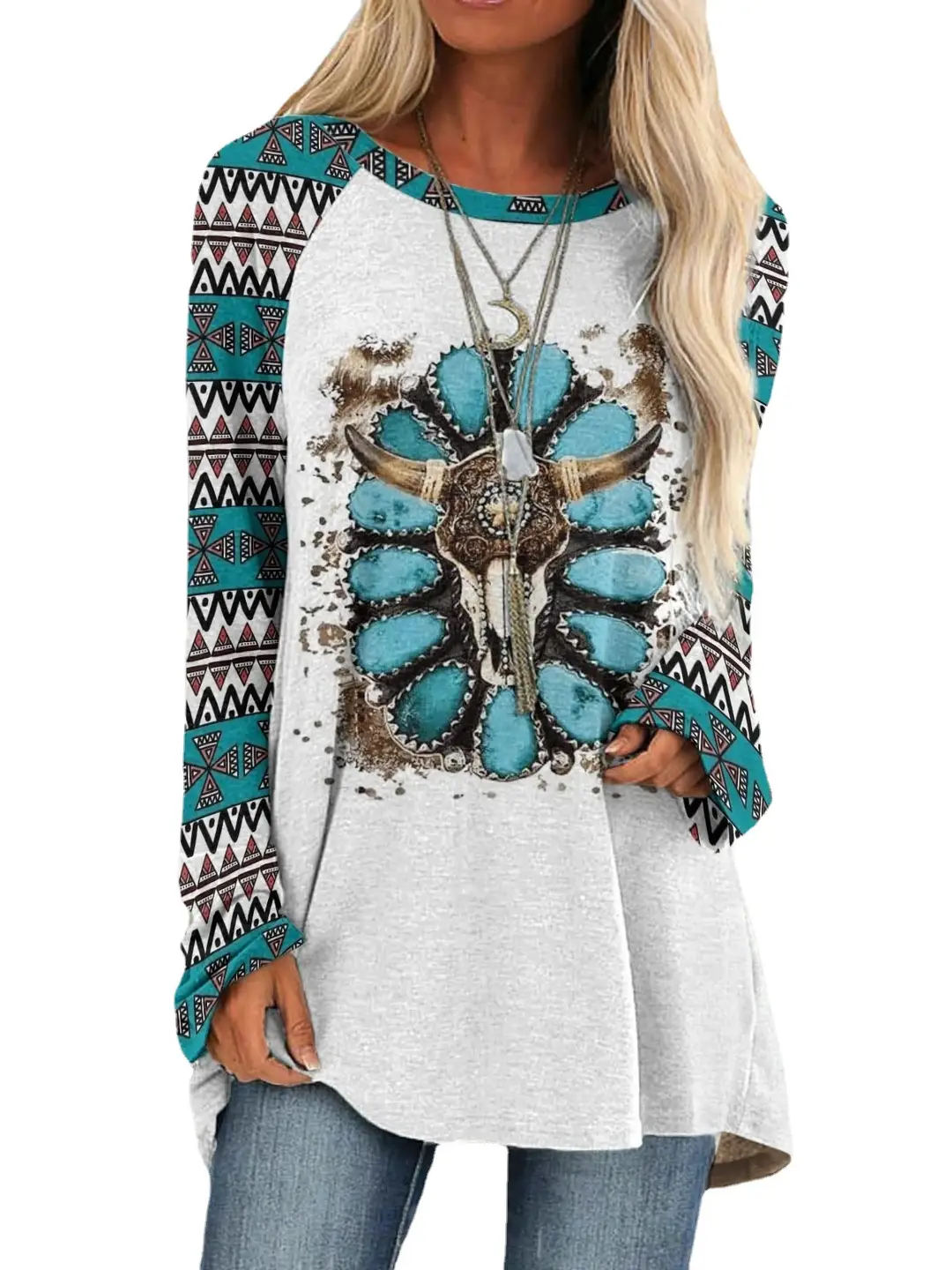 2022 foreign trade cross-border women's fashion loose round neck digital printing Western style long sleeve top 6930