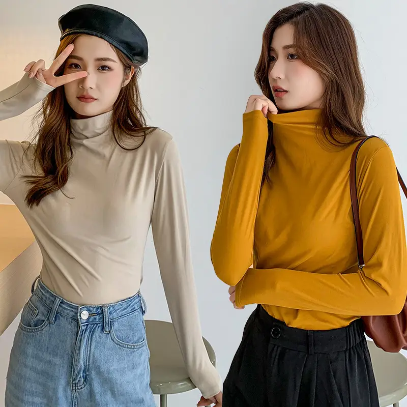 Women Long Sleeve Turtleneck Shirt Yellow Silk