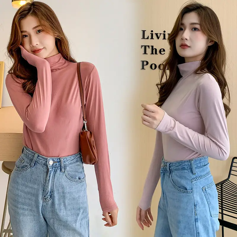 Women Long Sleeve Turtleneck Shirt Yellow Silk