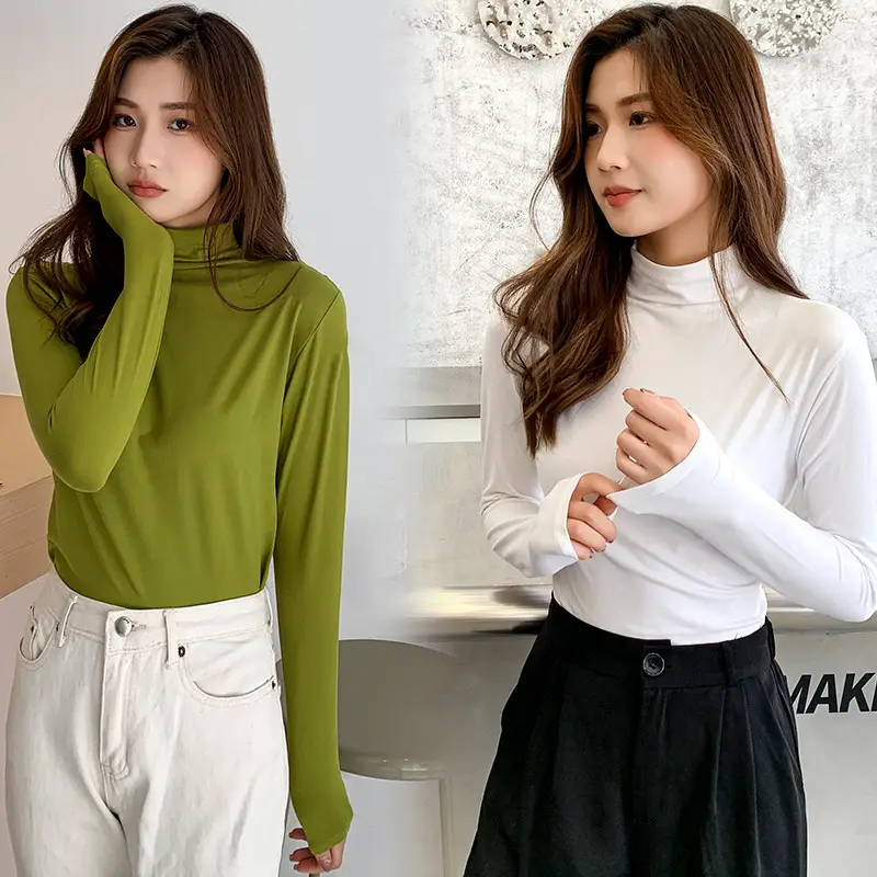 Women Long Sleeve Turtleneck Shirt Yellow Silk
