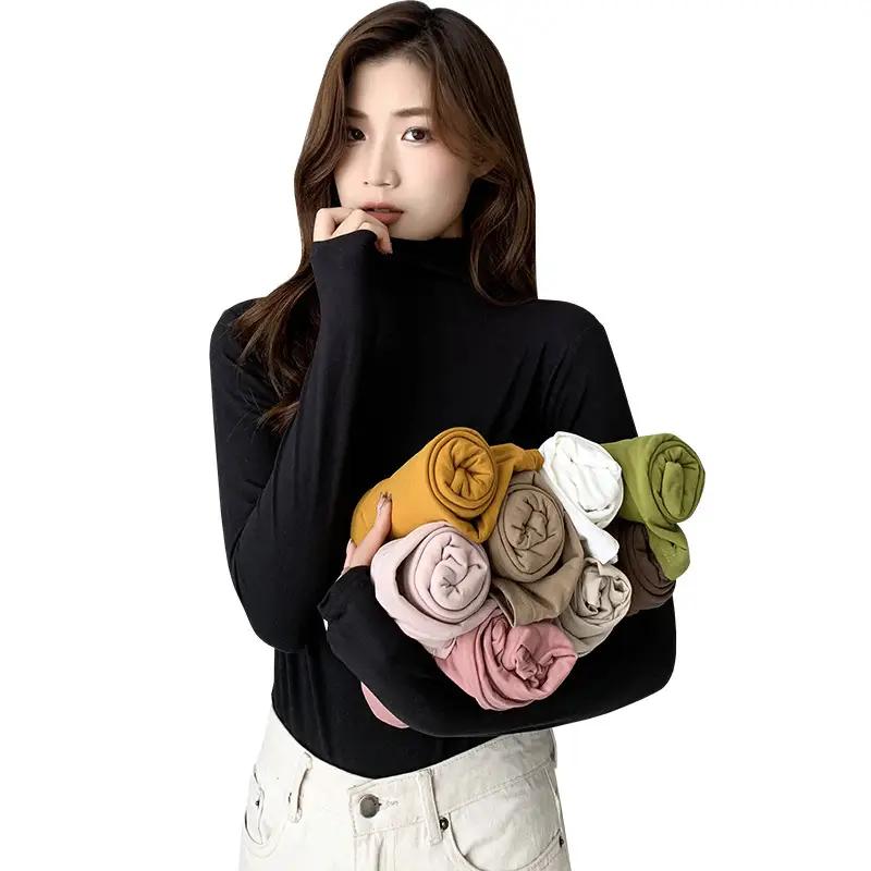 Women Long Sleeve Turtleneck Shirt Yellow Silk