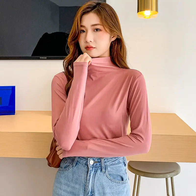 Women Long Sleeve Turtleneck Shirt Yellow Silk