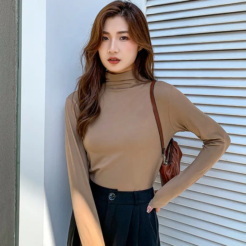 Women Long Sleeve Turtleneck Shirt Yellow Silk