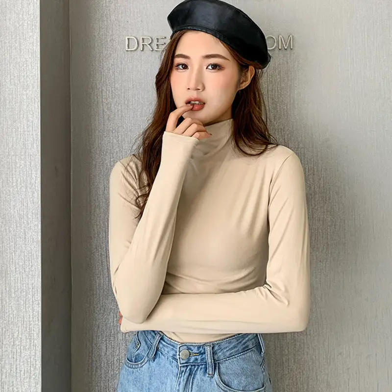 Women Long Sleeve Turtleneck Shirt Yellow Silk