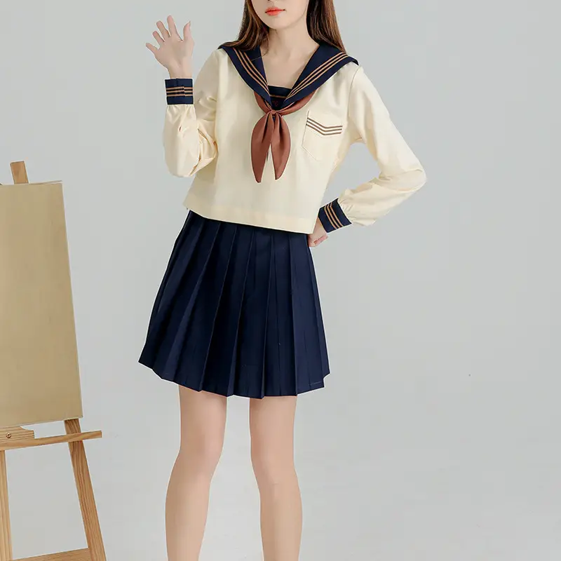 Sailor Style Navy Blue Skirt Short Sleeve Tea Suit - Image 6
