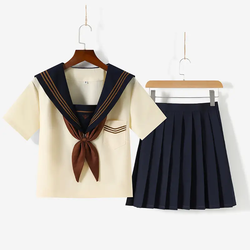 Sailor Style Navy Blue Skirt Short Sleeve Tea Suit - Image 8