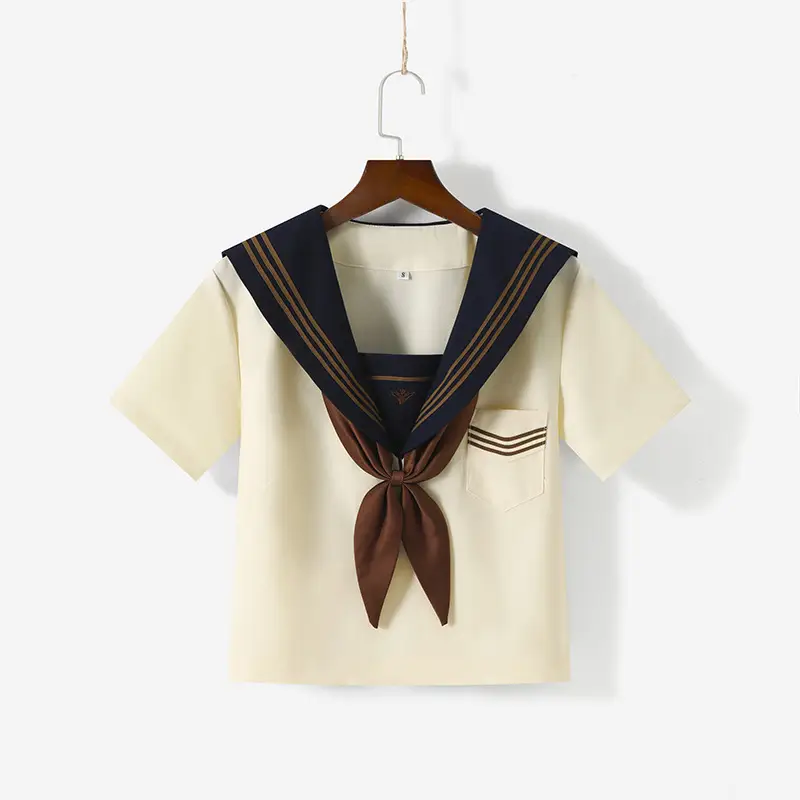 Sailor Style Navy Blue Skirt Short Sleeve Tea Suit - Image 2